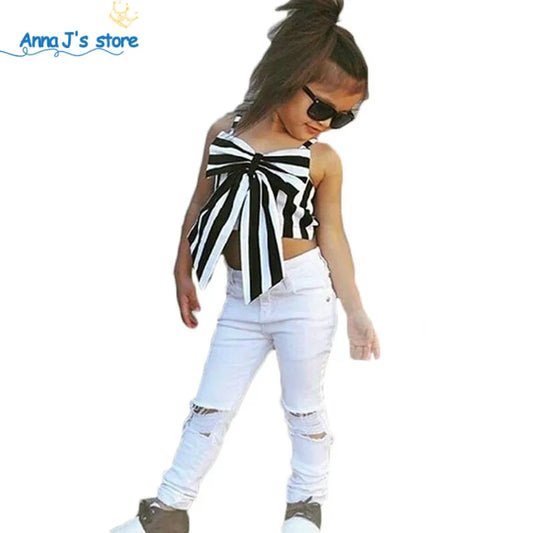 Girls Clothing Sets 2025 Summer New Children Girls Clothing Sets Kids Strapless Striped bowknot top + pants Suit Clothes TZ528