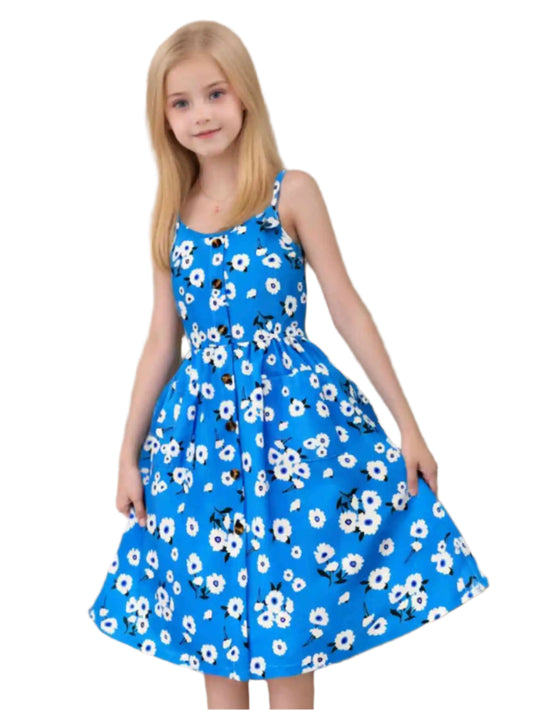 Girls' blue floral dress: light and comfortable, cool for summer, lively suspender design