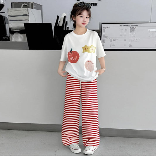 Girls Clothing Sets Children Creative Graffiti Fruit Print Short Sleeve T-shirts+ Striped Trousers Two-piece Set Fashion Clothes