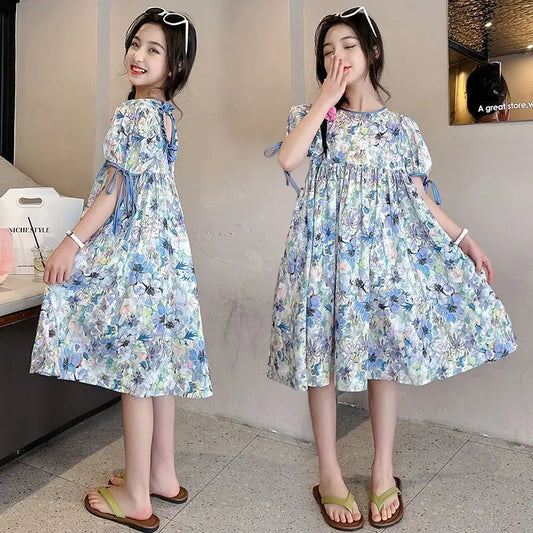 2025 Girls Dress Summer Loose Floral Pattern Beach Dress For Girl Bohemia Princess Children Dresses Vestido Teenage 3-14 Years