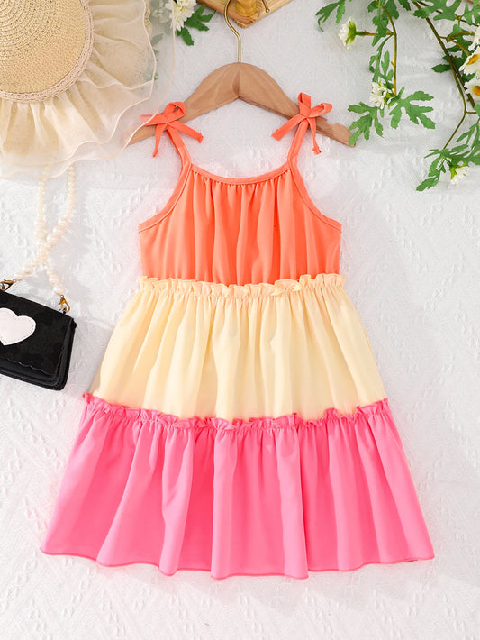 Summer New Girls Dress Casual Wear With Contrasting Color Slip Dress Holiday Beach Tour Long Dress Soft Cool And Comfortable